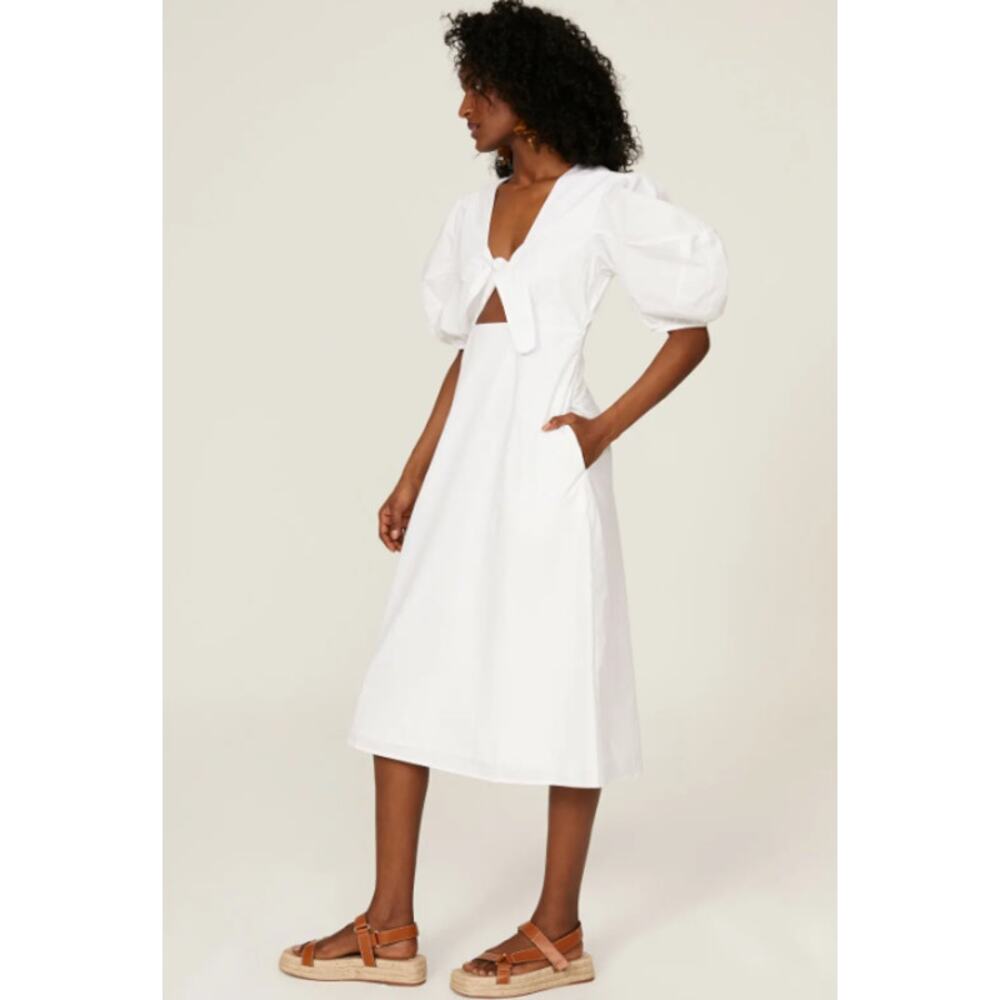 RHODE Greer Cutout Midi Dress Tie Front Short Puff Sleeve Cotton Cottagecore